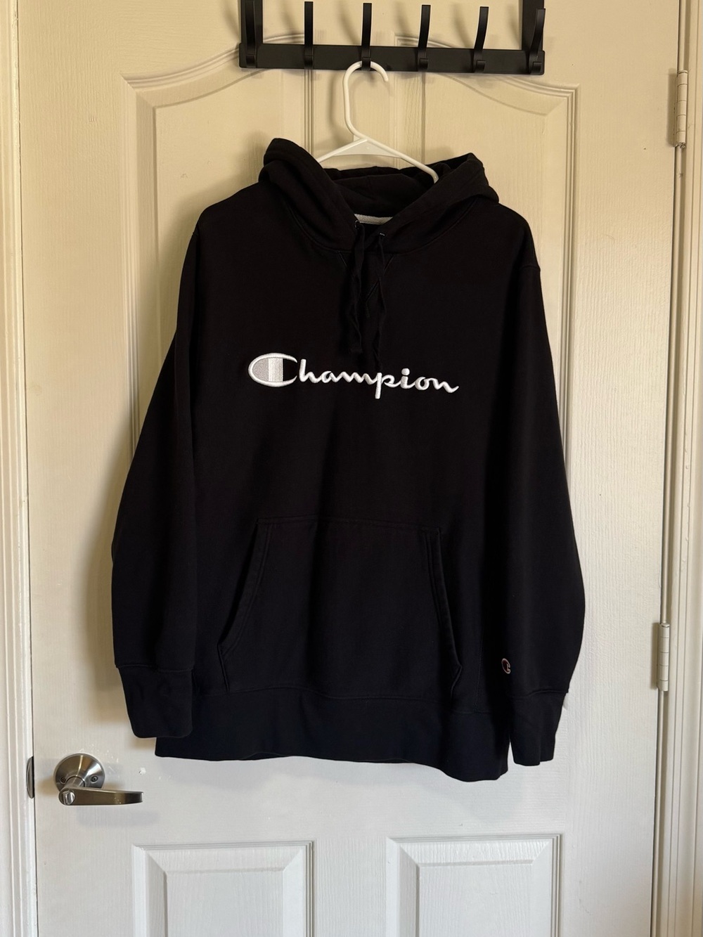 Champion Black Hoodie with White Logo